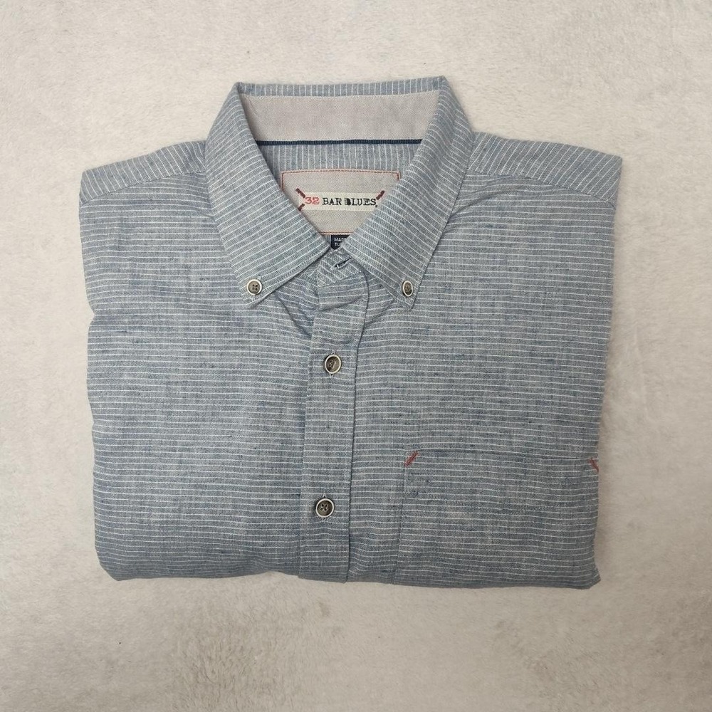 32 Bar Blues Shirt Mens Medium Blue Striped Button Up Long Sleeve Cotton Linen